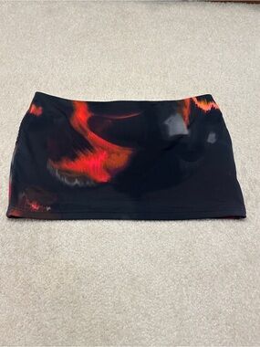 Black Mini Skirt with Red-Orange Abstract Print